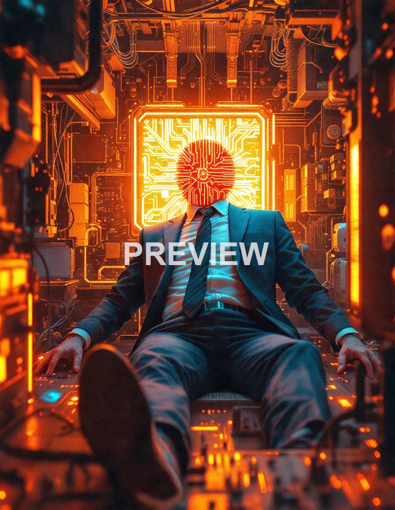 A person in a business suit with a digital circuit pattern on their face, sitting back in a high-tech environment surrounded by electronic components and glowing orange lighting.
